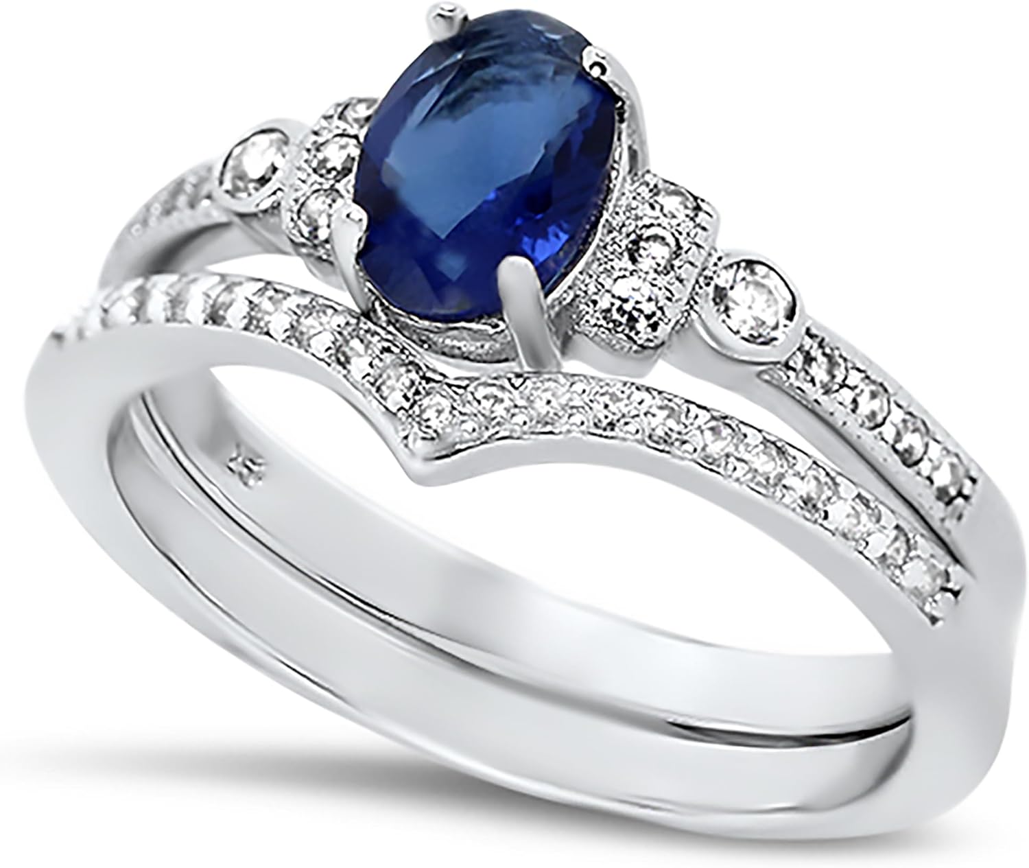 LaRaso & Co 925 Sterling Silver Blue Sapphire CZ Wedding Engagement Ring Band Bridal Set For Women