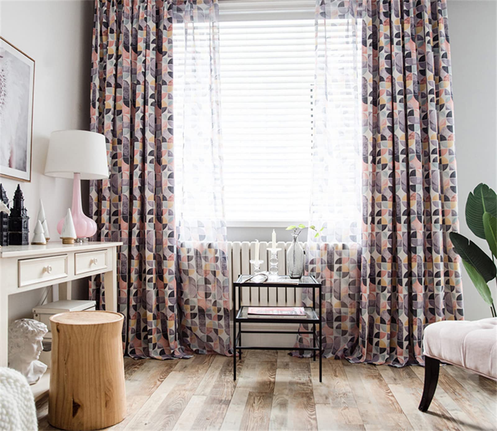 2 Pièces Rideaux Voilage Géométrie de Couleur Voilages Intérieurs à Broderie, Imprimé Floral Semi-Transparent Voile à Oeillets Rideau Décoration Tamisante de Salon Cuisine Chambre 2x170x240CM