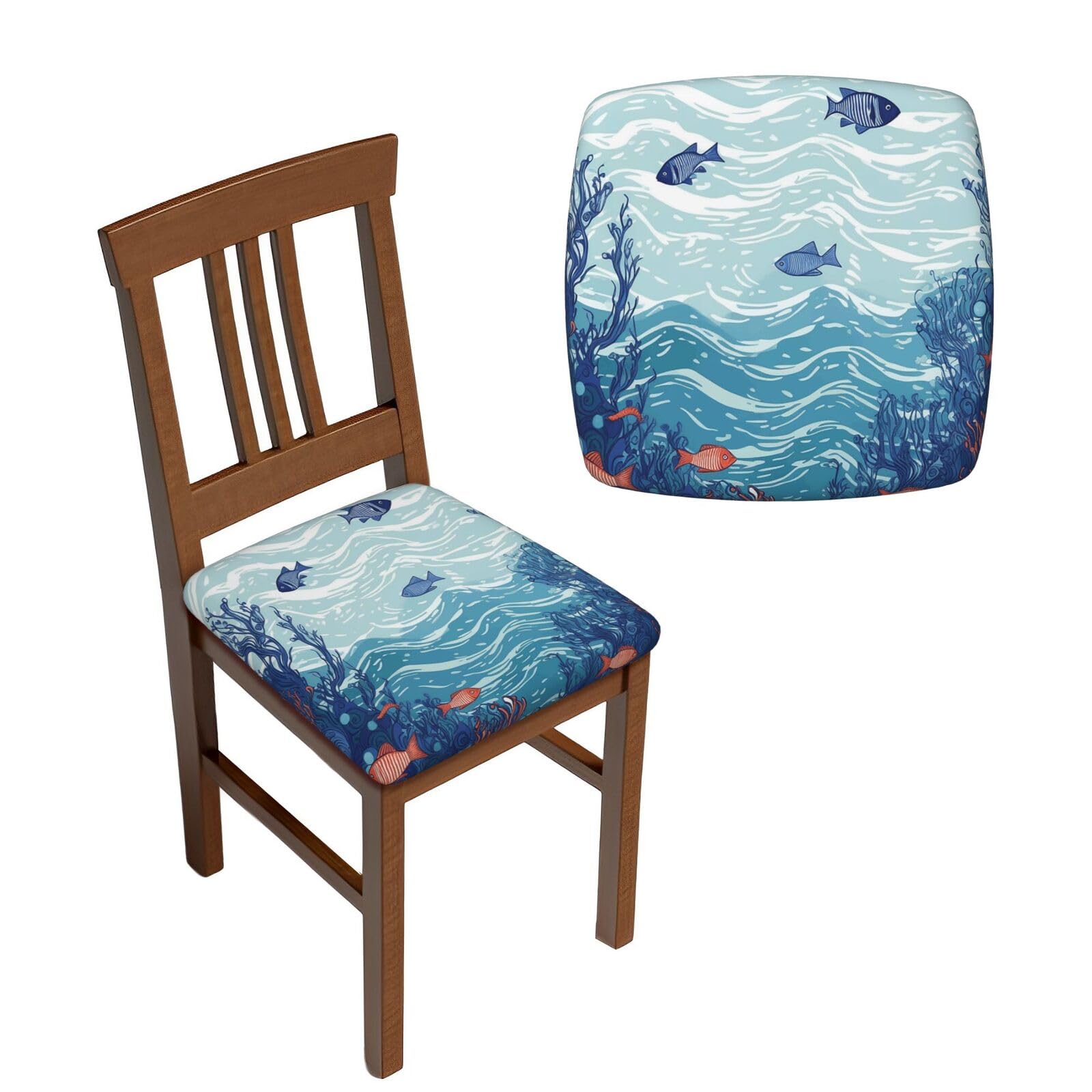 NONHAI 6PCS Dining Chair Seat Covers Set Ocean Waterscape Stretch Removable Chairs Covers Washable Seat Cushion Slipcovers Protector for Dining Room Kitchen Chairs