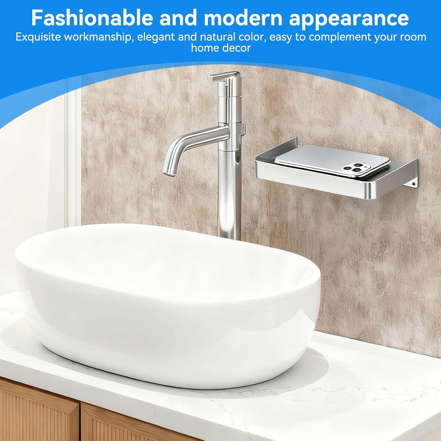 7x3.74in Small Floating Shelves for Wall for Phone, 304 Stainless Steel Bathroom Floating Shelf Wall Mount for Living Room Bedroom Office Storage Phone Wipes Smart Speaker Toilet Accessory (Silver)