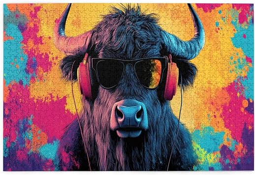 Plateau Cattle Playing Games,Colorful Painting Art Background 1000-Piece Wooden Jigsaw Puzzles for Adults, Let Your Imagination Run Wild,Creative Play,Exercise Your Hands-On Skills