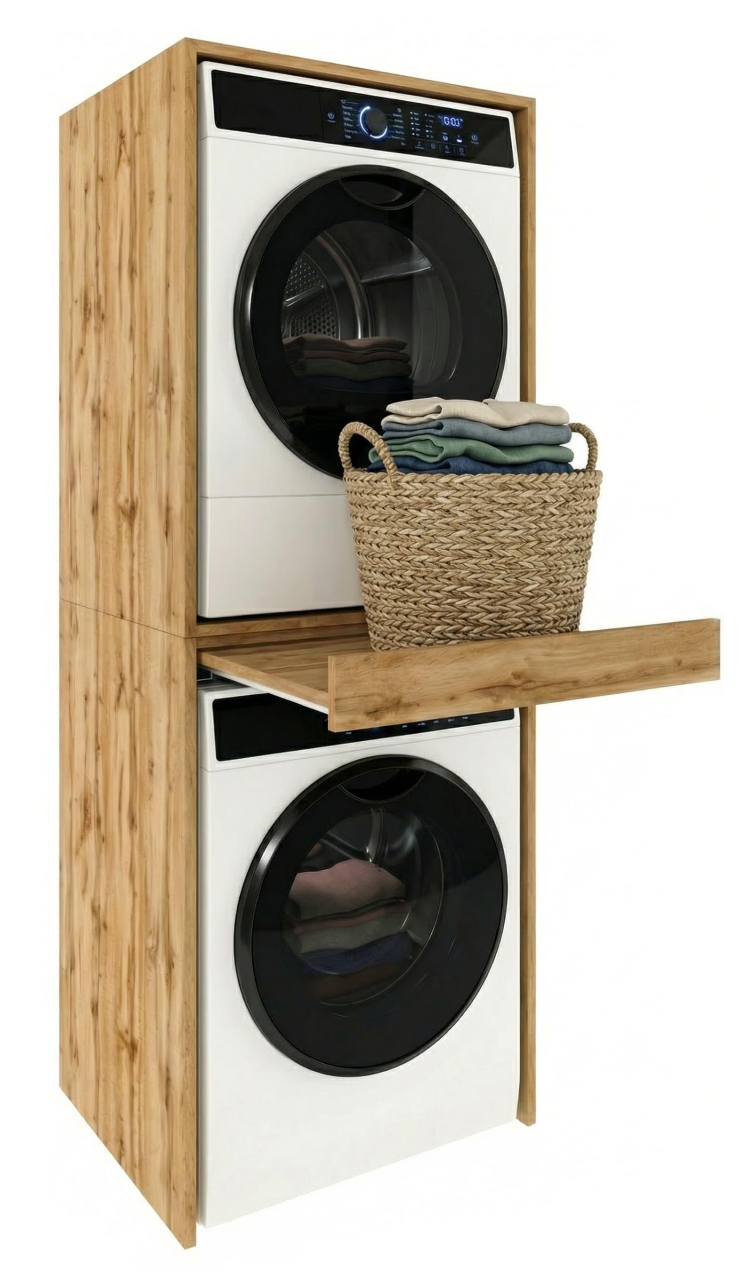 ModernHome Waschmaschinenregal für Waschmaschine und Trockner | Waschturm Schrank mit ausziehbarer Ablage | Waschraum Möbel | Eiche Wotan | Schrank für Waschküche mit Stauraum