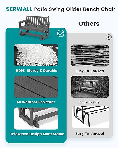 Miniatura 6 de SERWALL Silla Mecedora Deslizante para Exteriores, HDPE Resistente a Todo Clima, Sofá Biplaza para 2 Personas, Banco Mecedor para Exteriores con