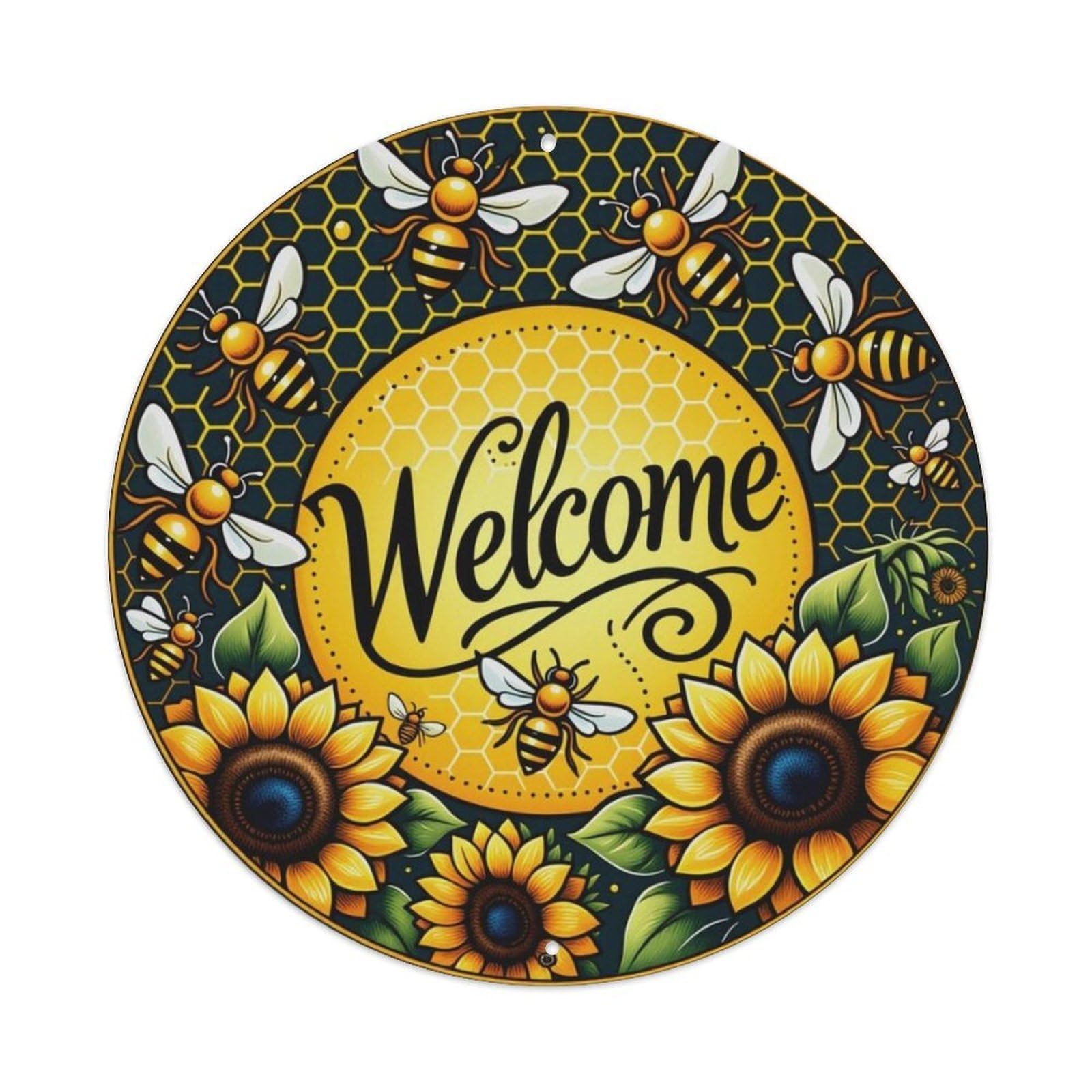 Bee Sunflower Welcome Round Sign Vintage Aluminium Metal Sign, Retro Wall Decor for Home, Bar, Garage & Farmhouse 20x20cm