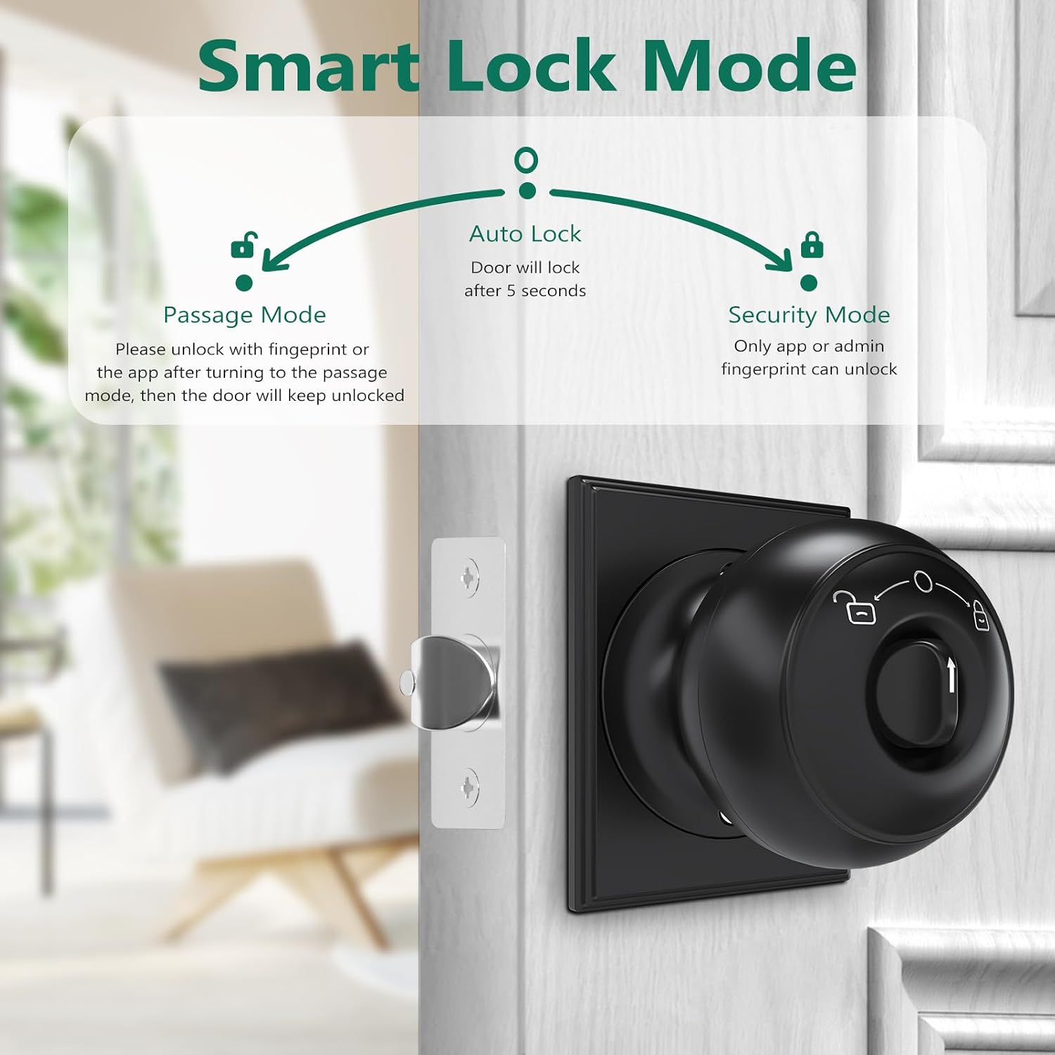 GeekTale Fingerprint Door Lock for Bedrooms, Fingerprint Door Knob with Lock, Smart Door Lock, App Control, Back-up Keys, Thumbprint Door Knob for Bedrooms, Office, Apartment