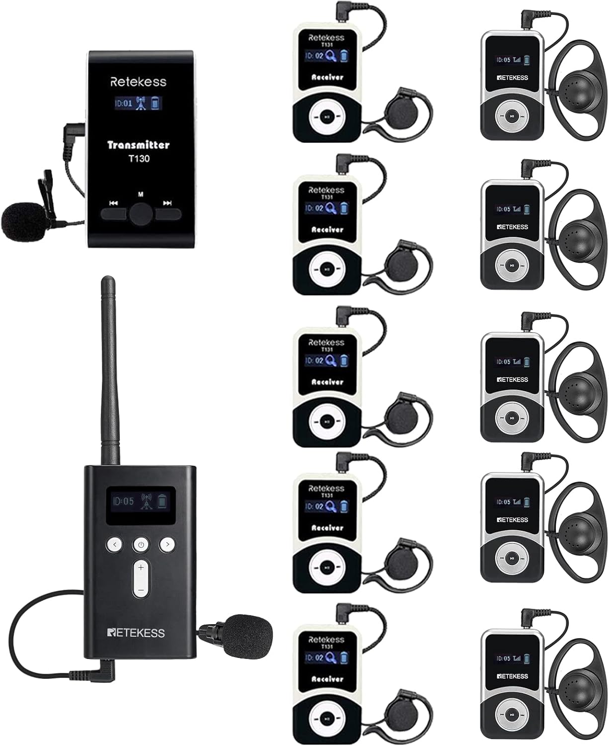 Retekess T130S Upgrade Wireless Tour Guide System, 1 Transmitter 5 Receivers with 1 T130 Transmitter 5 T131 Receivers