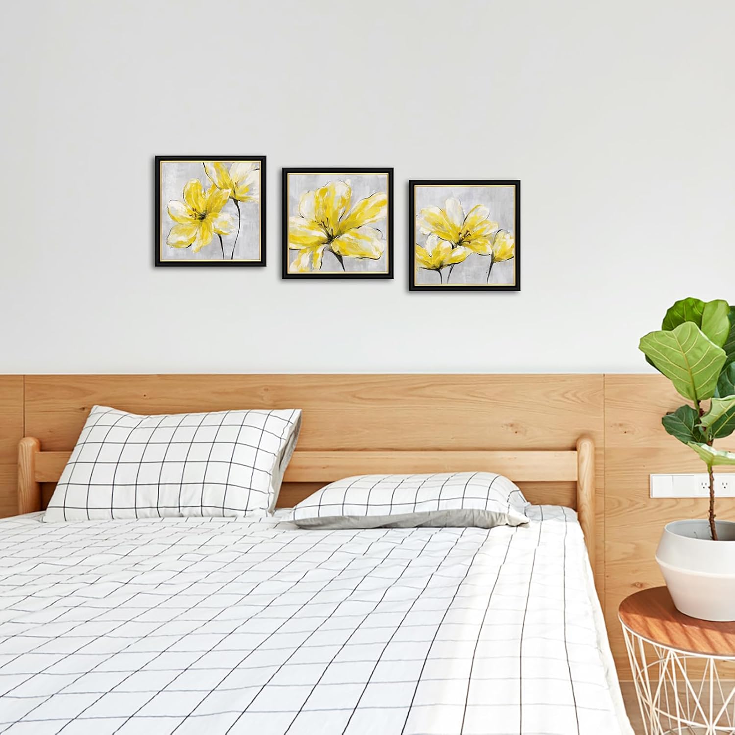 Yellow Grey Framed Wall Art Flower Pictures Wall Decor Bathroom Paintings Set of 3 12”x12”