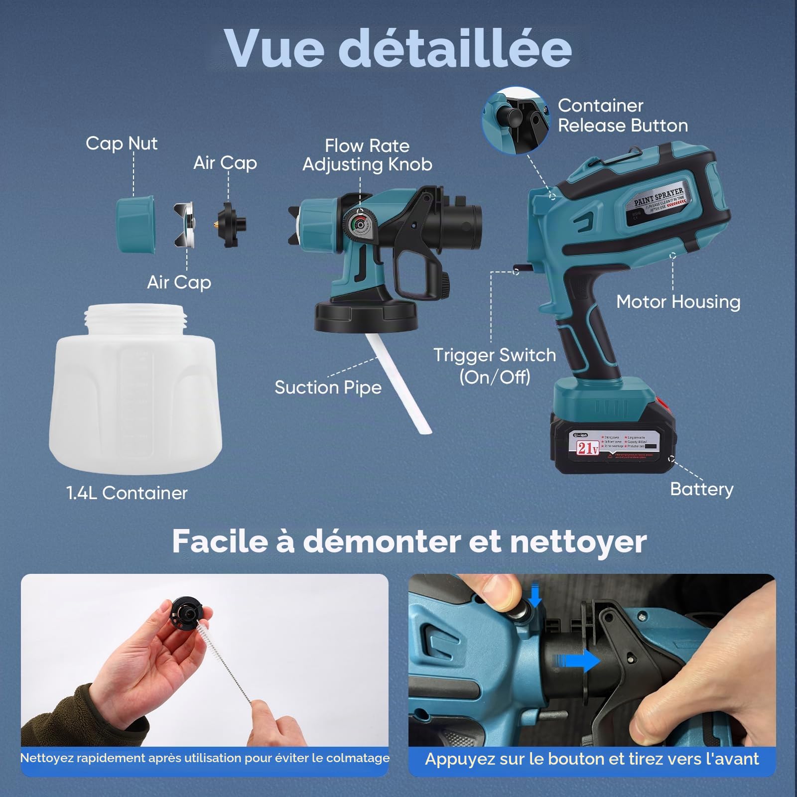 Pulvérisateur de peinture 21 V 300 000 tr/min Système de pulvérisation de peinture batterie avec 2 batteries de 4000 mAh, 5 buses et 3 modes de pulvérisation, récipient de 1400 ml pour