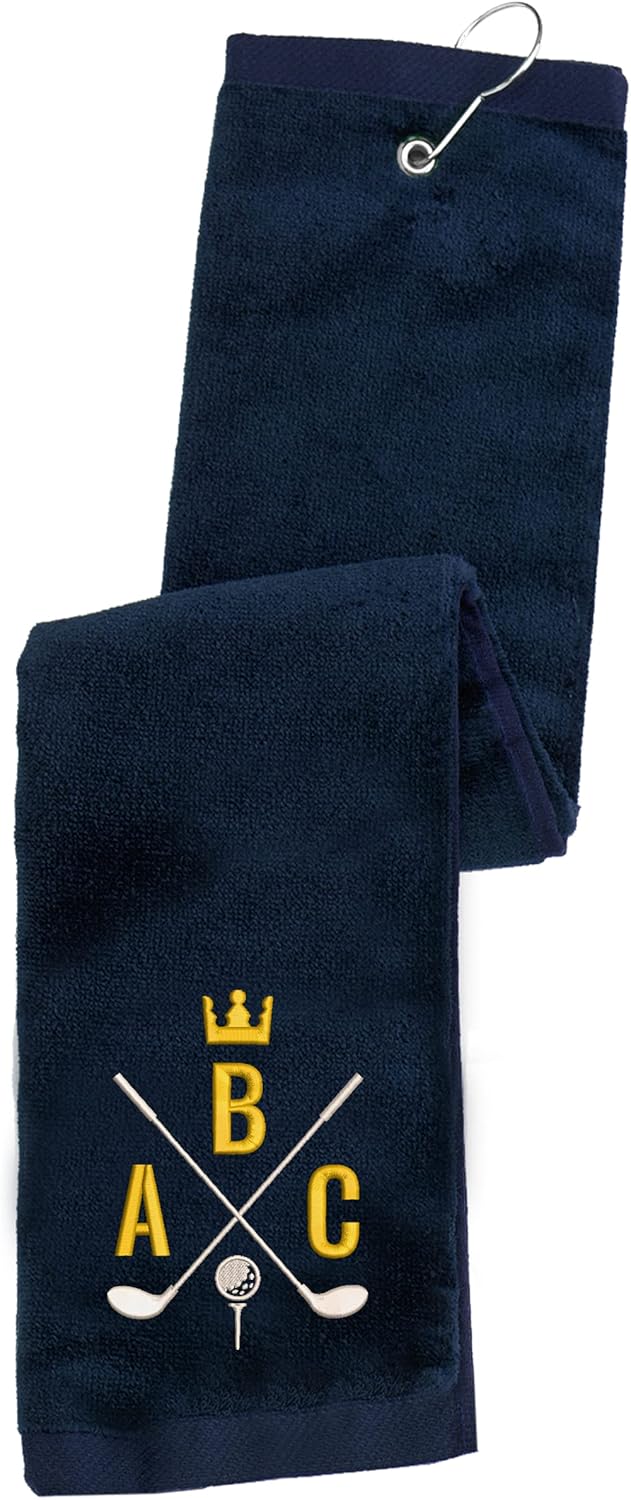 Personalized Embroidered Golf Towel with Monogram Design and Initials – Custom Trifold Towel for Golf Bags with Grommet and Carabiner Clip, Hook
