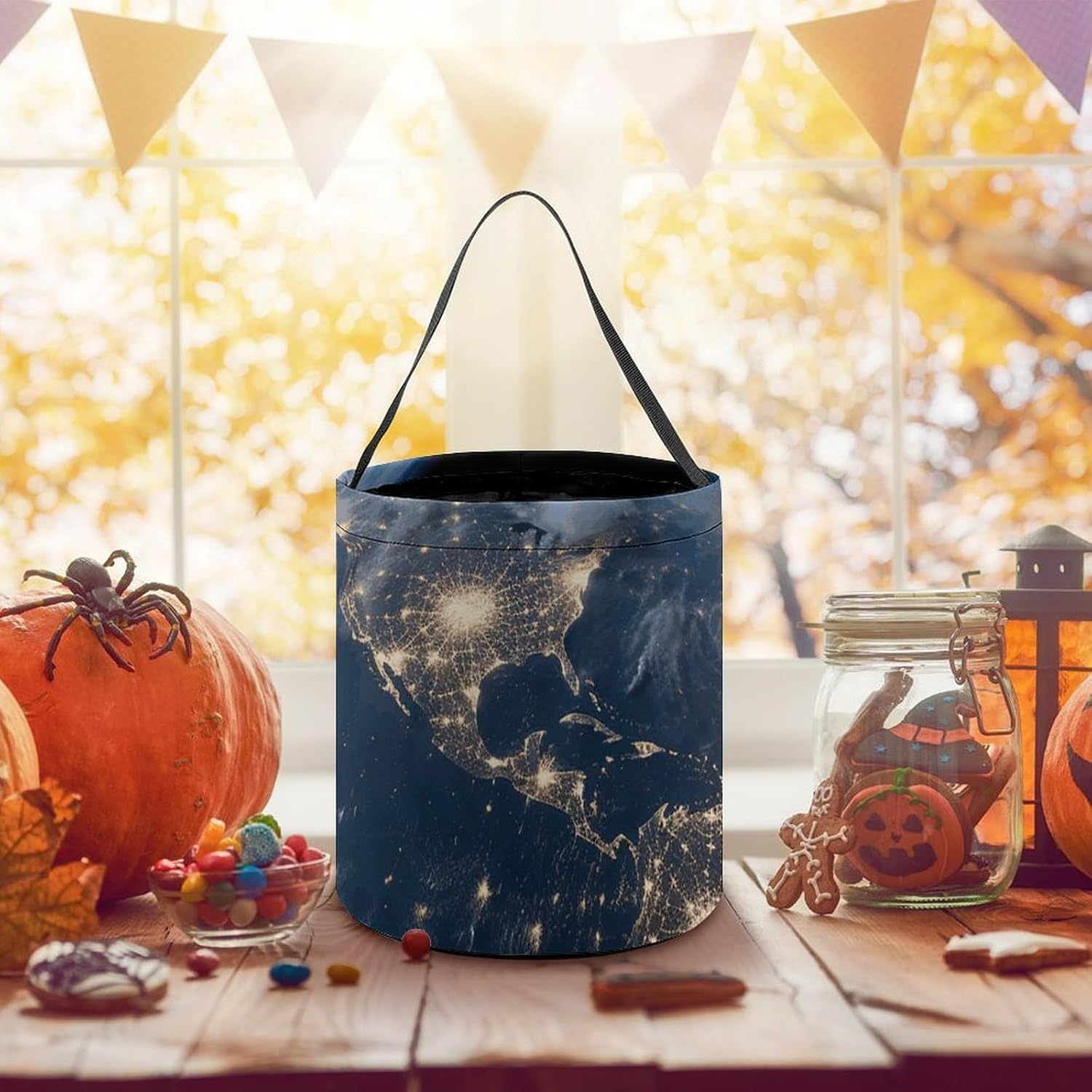 DWVSFJM Earth from The Outer Space Halloween Tote Candy Bag Foldable Handheld Bucket Reusable Candy Basket With Handles Multipurpose Portable Gifts Bags For Festival Party Gathering image 5