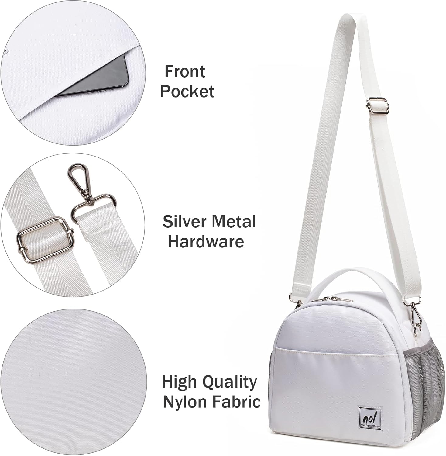 NOL Natural Organic Lifestyle Lunch Bag Insulated Cooler Bag for Women Nylon Waterproof Lightweight Lunch Box Organiser (White) - Image 2