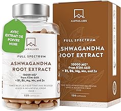 Ashwagandha KSM-66 1000mg, Vitamine B6, Vitamine B1, Zinc, Magnesium, Manganese - Extrait de Racine Ashwagandha, Bio Poivre Noir - Ashwaganda (Ginseng indien) Extra Fort 5% Withanolides - 120 Gélules