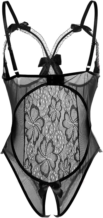 Romantic Black Lace Bodysuit with Rose Appliques, Sheer Mesh Design