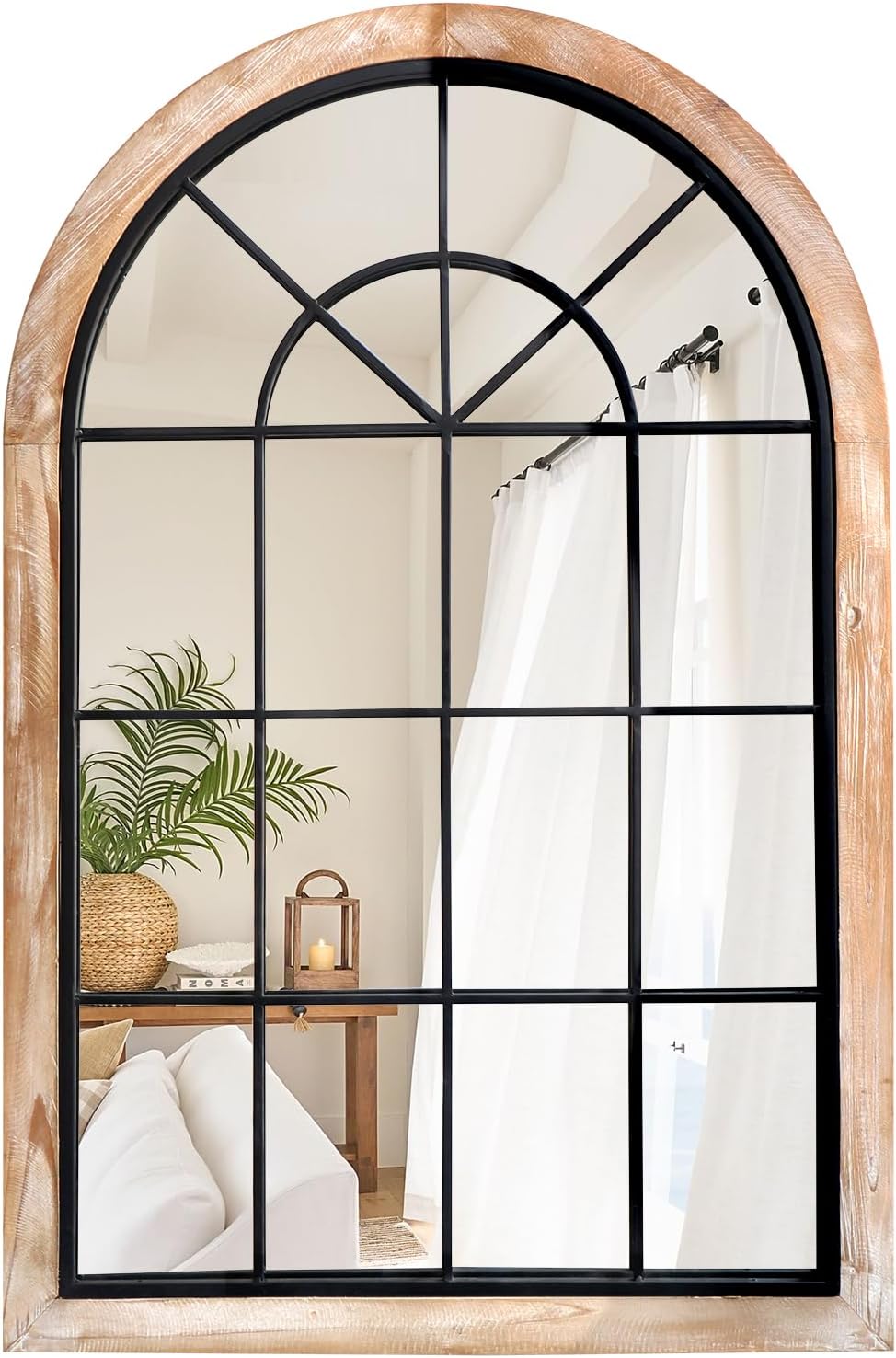G-LEAF Arched Windowpane Wall Mirror 24"x36", Rustic Farmhouse Accent Wood Framed Entry Mirror for Living Room,Bedroom,Kitchen Natural Color 24"L x 36"W