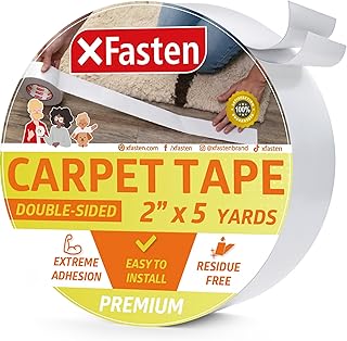 XFasten Rug Gripper Tape Double Sided - 2” x 5 Yds 3-In Core Carpet Tape for Rug, Carpet to Carpet Rug Gripper for Hardwood Floors, Floor Tape for Rugs in High Traffic Areas, Easy to Use Area Rug Tape
