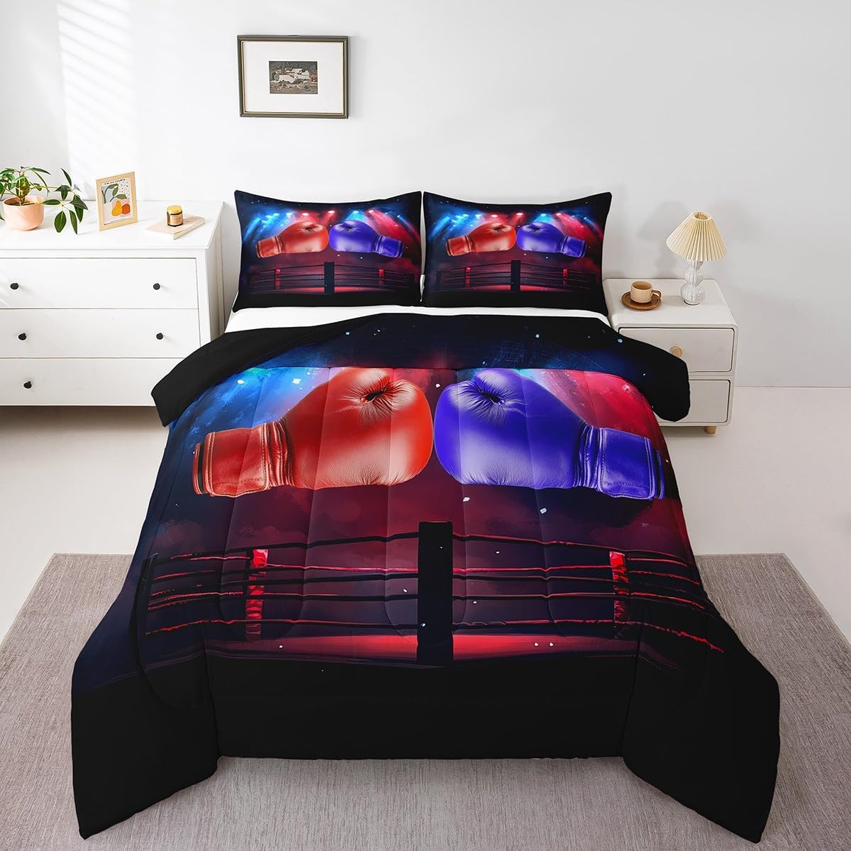 Teens Boxing Kids Comforter Sets Queen,Sports Games Theme Bedding Comforter Sets,Boxing Gloves Quilt Sets for Boys Adult,Kids Boys Teens Combat Competition Duvet Insert with 2 Pillowcases