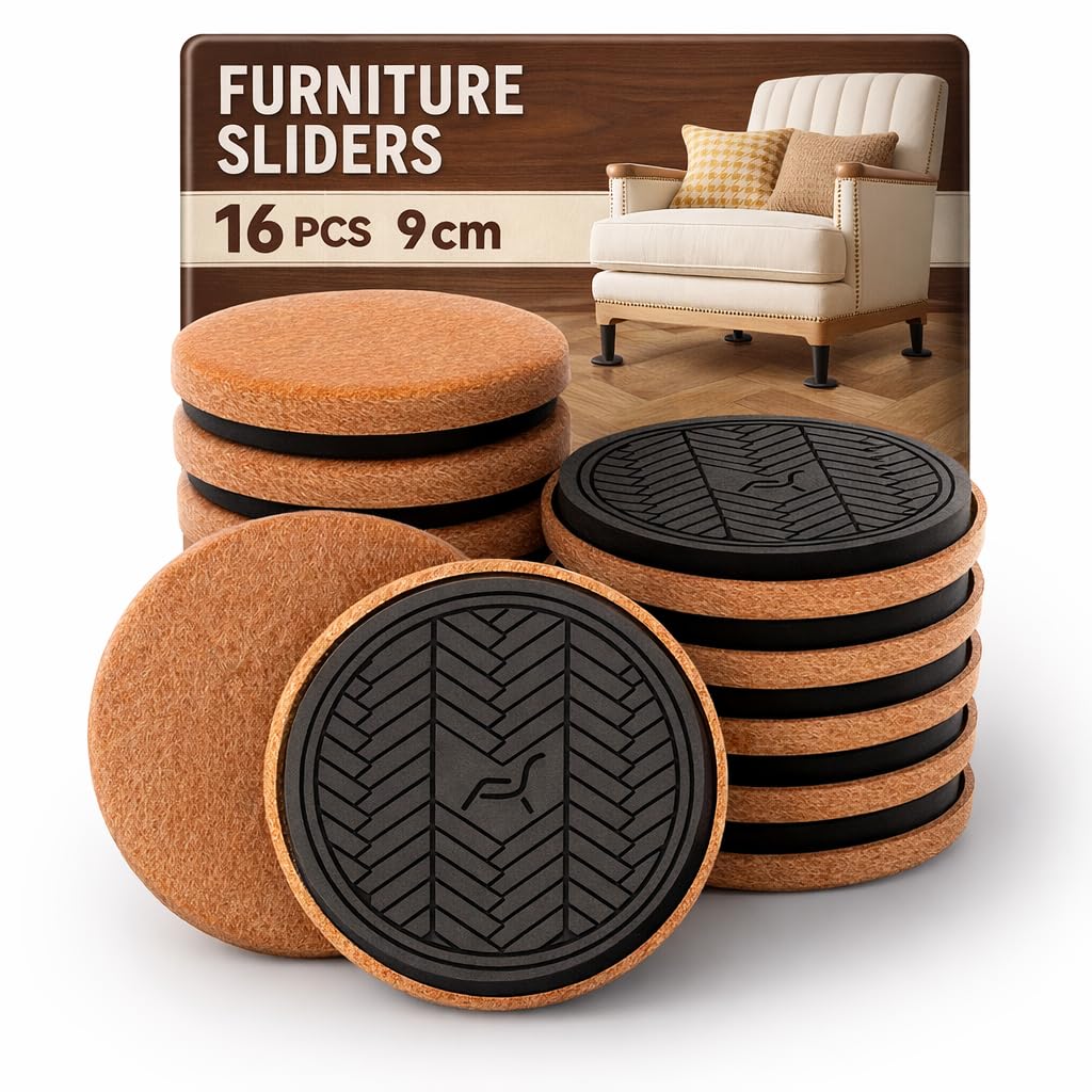 PISAO Patin Glisseur pour Meuble Lourd,Marron Rond 16 Pièces - 9cm | Furniture Sliders, Meuble Patin Protégez Le Plancher de Bois Franc,Déplacez Les Meubles Lourds Rapidement et Facilement