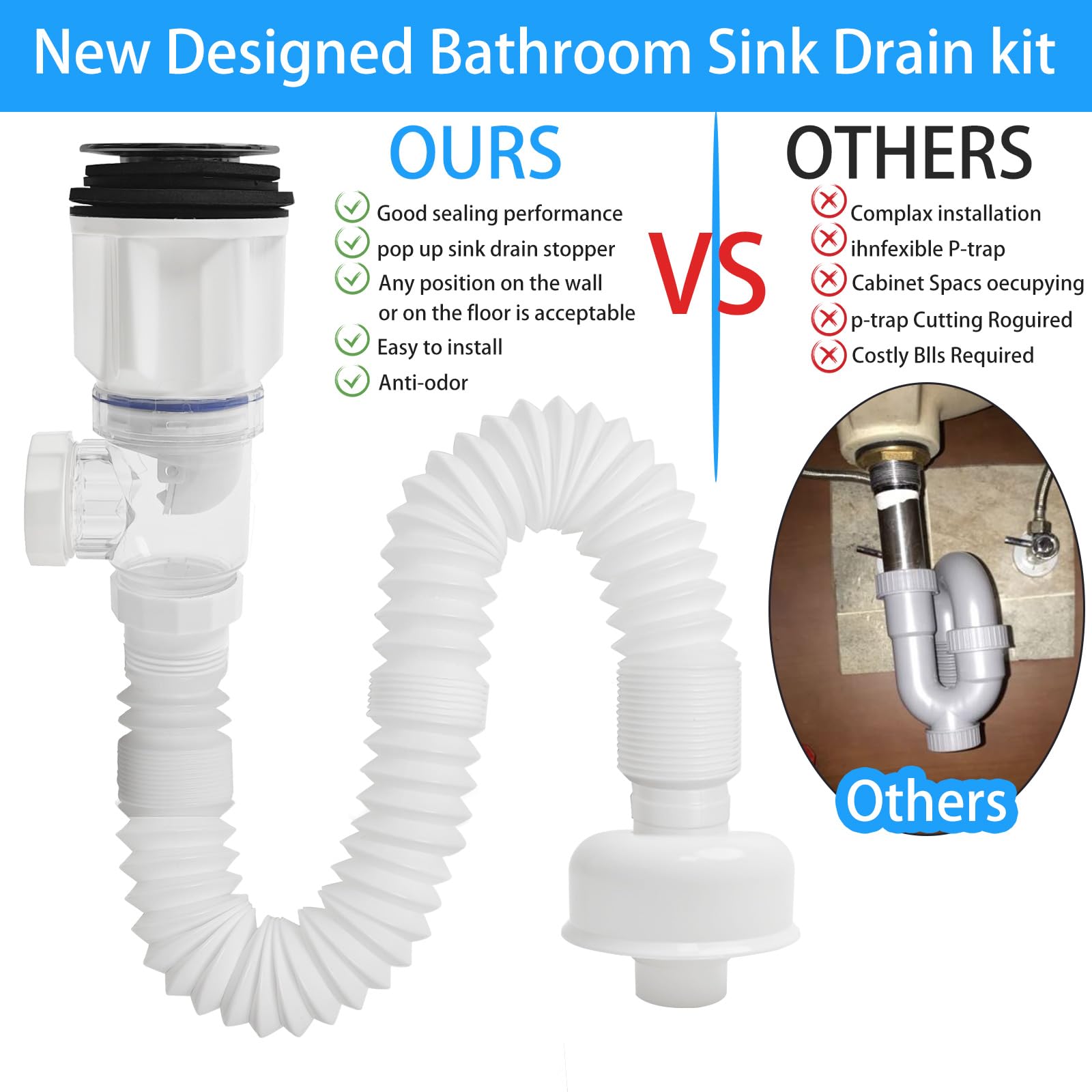 Kit de tubo de drenaje para fregadero, drenaje para fregadero de baño con cesta coladora, recogedor de pelo y tapón emergente, tubo de drenaje flexible para fregadero, trampa P, adecuado para desagües