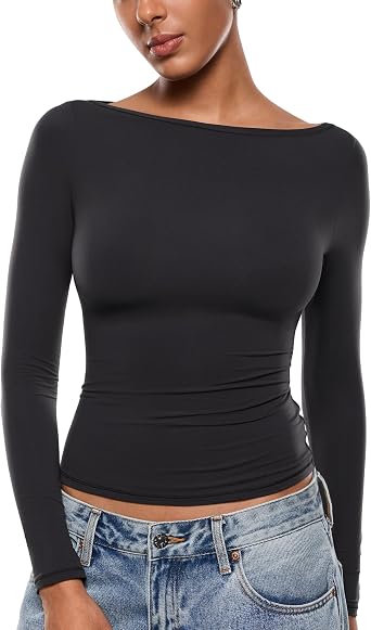 INLYRIC Womens Inbarely Ultra Long Sleeve Shirts Boat Neck Double Lined Going Out Tops Tight Fit Basic Tees