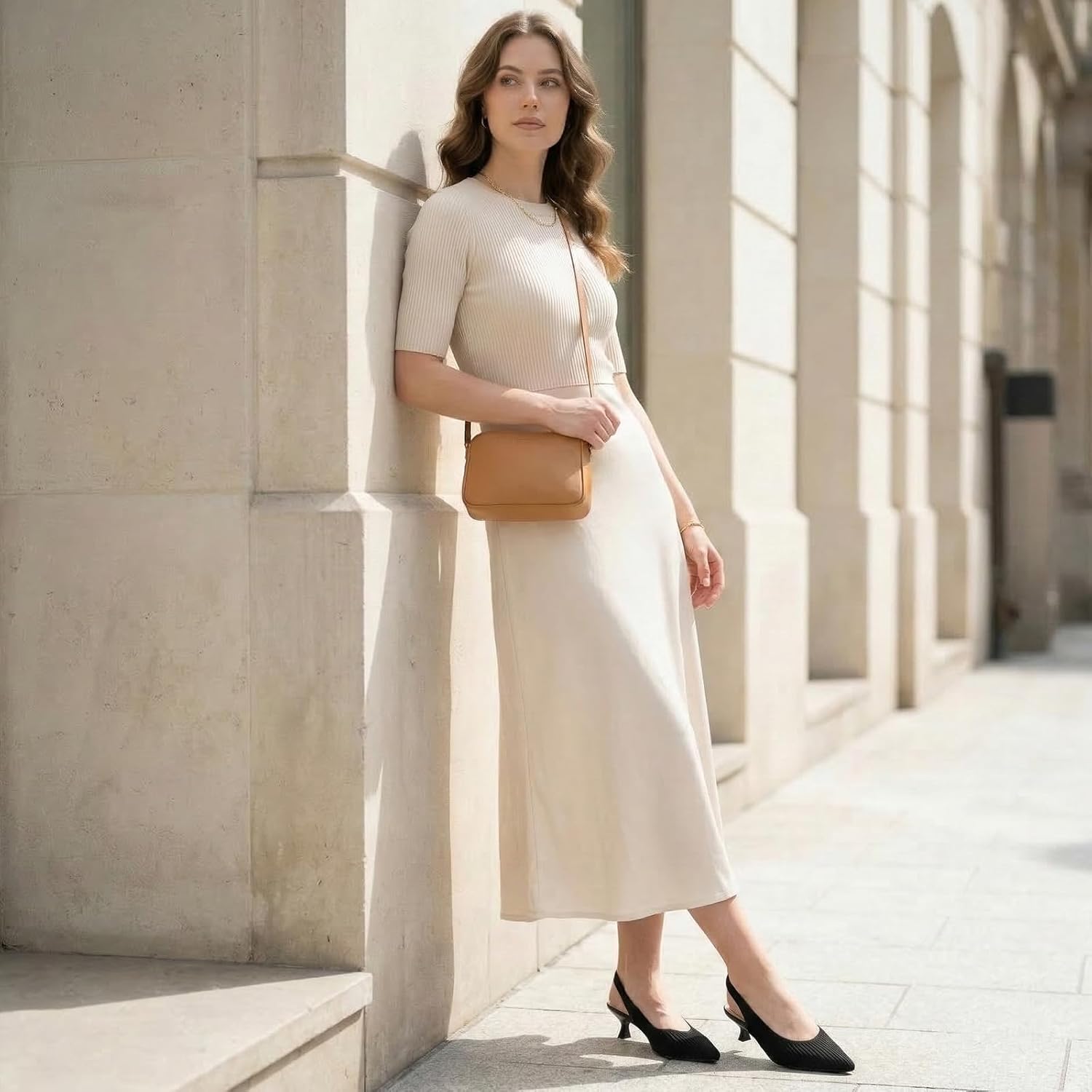 YEOJOU Slingback Heels for Women Comfortable Knit Closed Toe Kitten Heels Low Block Heel Pointed Toe Dress Shoes Work Pumps