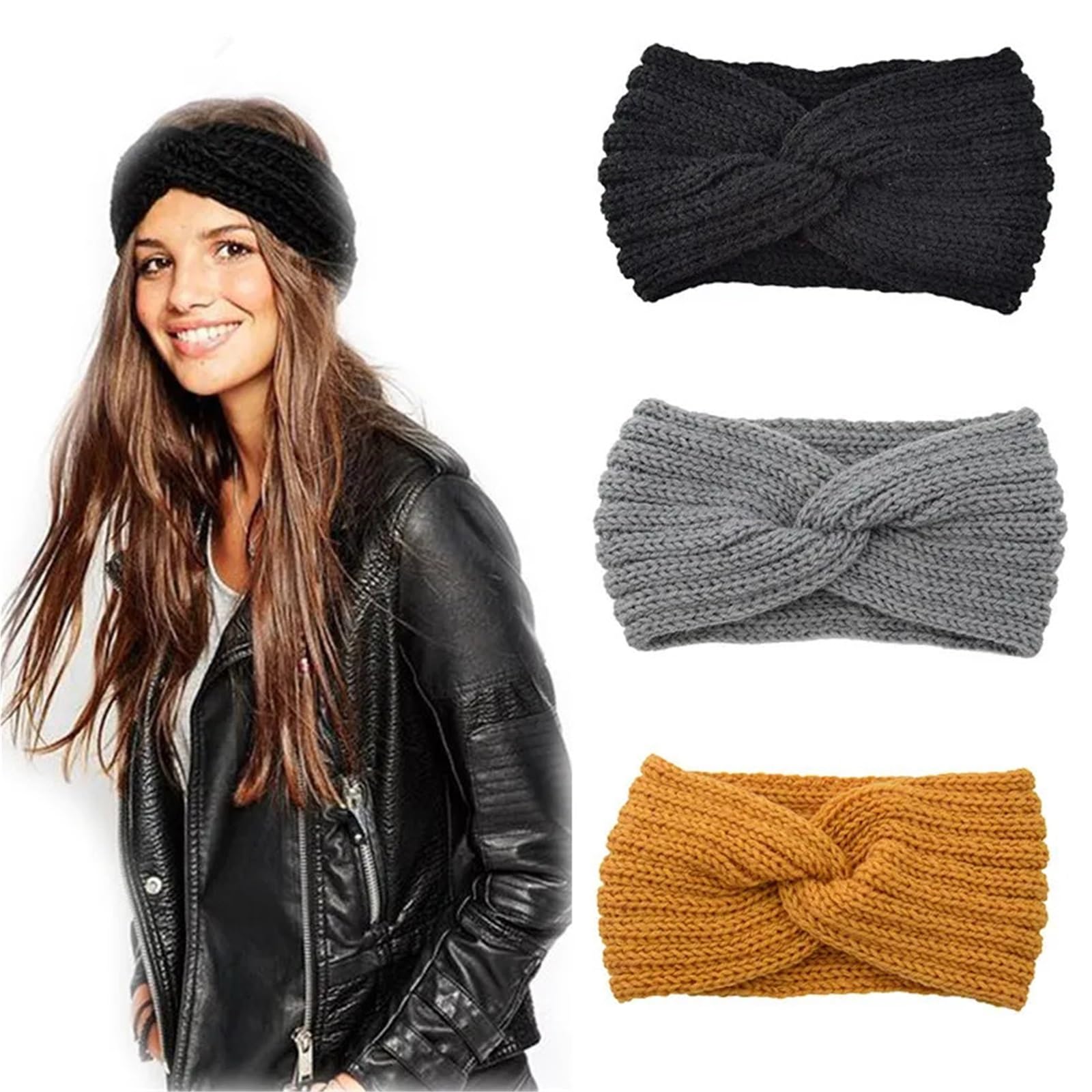 Cerchietto Invernale 3 pezzi fasce for capelli da donna fasce elastiche for capelli tinta unita turbante lavorato a maglia intrecciato fascia for capelli for ragazze invernali Per La Decorazione(Blue