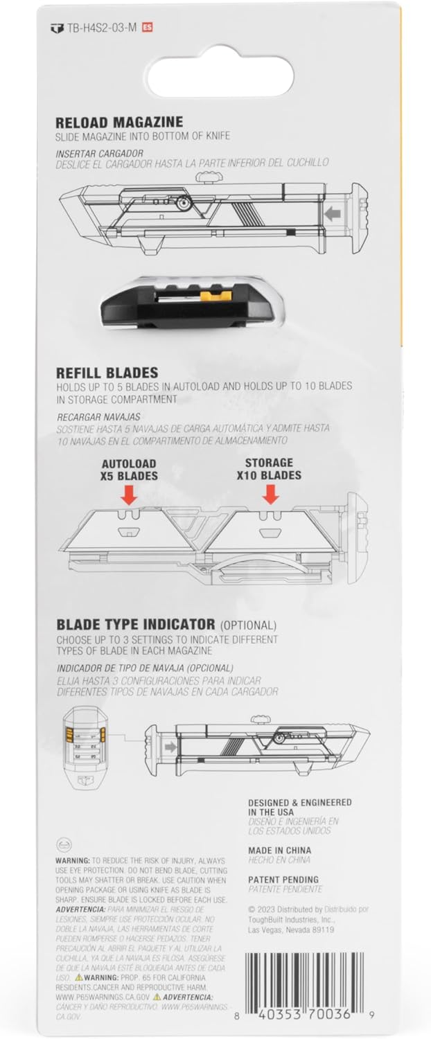 ToughBuilt – Utility Knife Blade Magazines Replacement, 2 Auto-Loading Blade Mags with 10 Utility Blades, 3-Position Indicator Switch for Quick Reloading (TB-H4S2-03-M)
