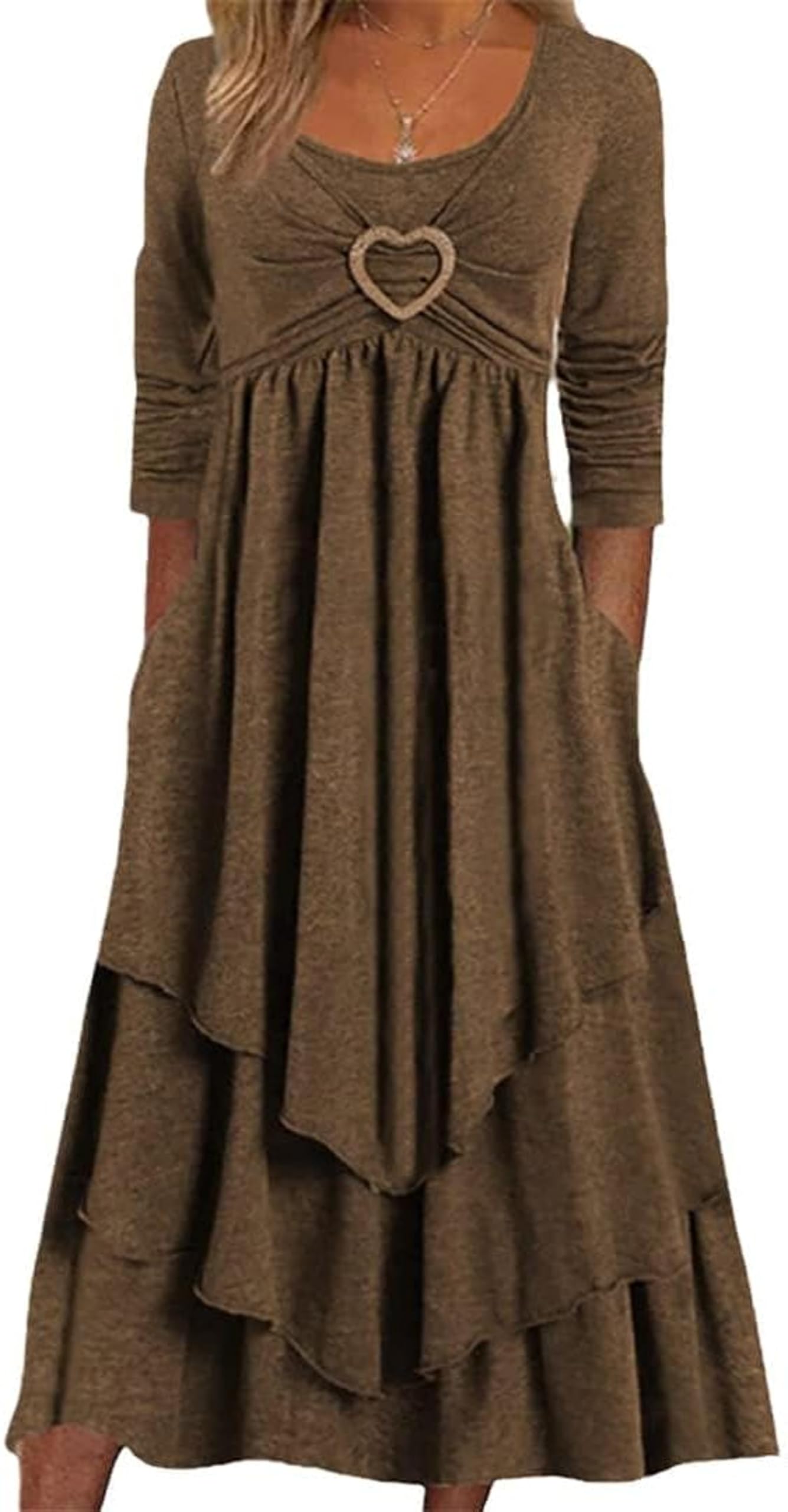Women's Solid Color Love Shape Layered Hem Long Dress Casual Long Sleeve Crewneck Cute Wedding Party Dress with Pockets
