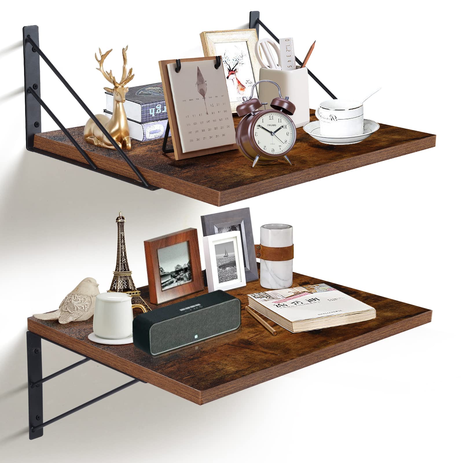 Photo 1 of 2 Pc Floating Shelves for Wall Decor - 15.7” x 11.8” Deep Wall Mounted Hanging Shelves with Iron Brackets; Book Wall Shelf Set; Wall Storage for Living Room, Bathroom?Bedroom, Kitchen?Office 12*16 Rustic Brown