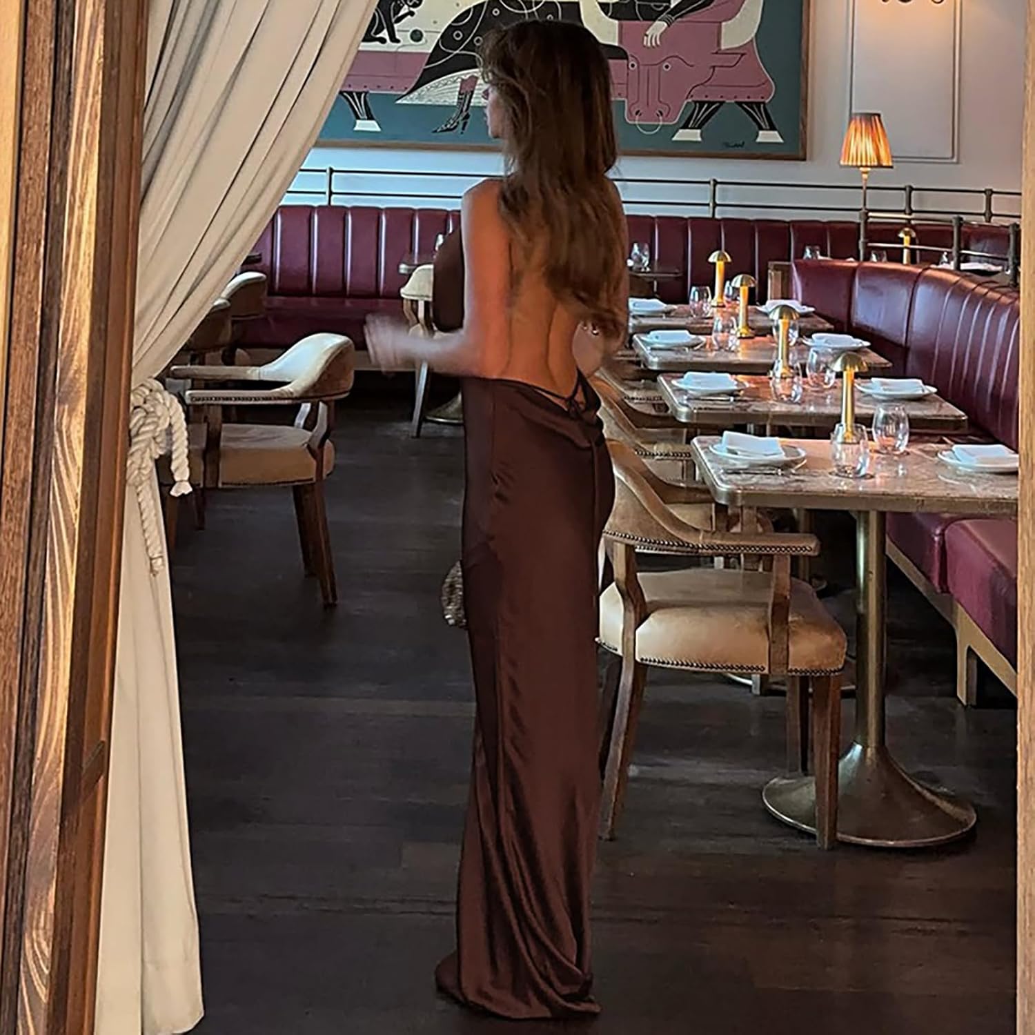 Yeenily Women Sexy Backless Maxi Dress Deep V Neck Sleeveless Halter Neck Formal Dresses Open Back Evening Gowns