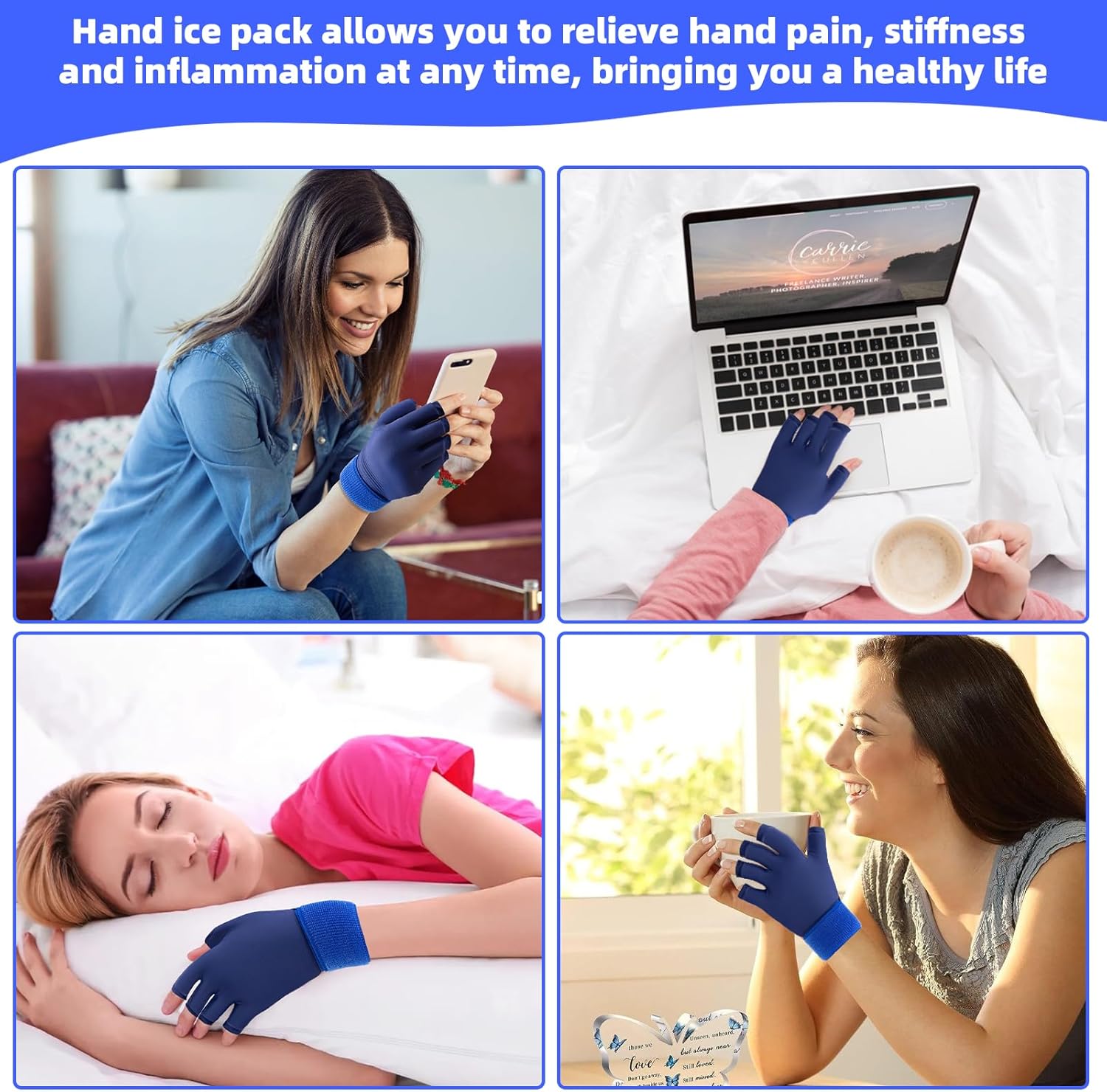 2pcs Finger Arthritis Compression Hand Ice Pack Gloves for Pain Relief, Adjustable Blue Wrist Ice Pack for Hot & Cold Therapies, Reusable Finger Ice Gloves Sleeve for Tendinitis, Carpal Tunnel
