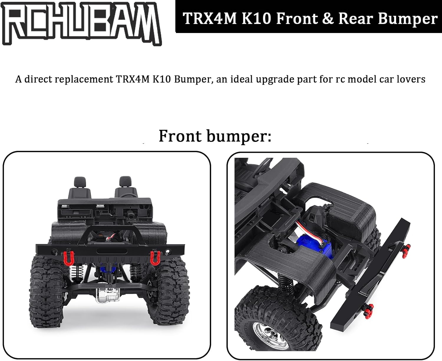 RCHUBAM TRX4M K10 Front & Rear RC Bumper 1Set Aluminum RC Car Bumper with Red Metal Trailer Hitch Hooks Compatible for 1/18 TRX4M K10 RC Crawler Car (Front Bumper)