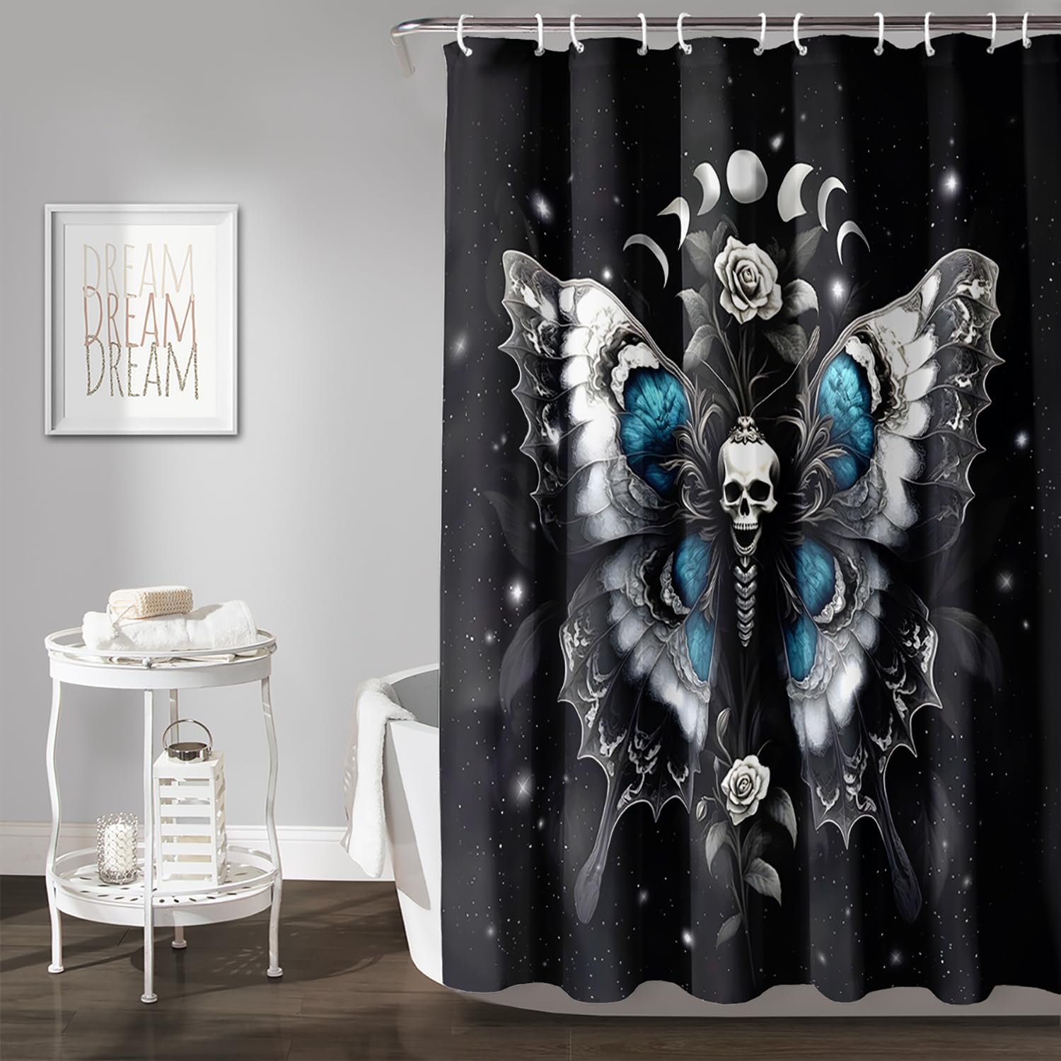 AILONEN Death Moth Shower Curtain - Gothic Floral Skull Bathroom Decor with Plastic Hooks - Boho Moth Printed Black Bath Curtain for Boys Girls,Waterproof, 36" W x 72" H