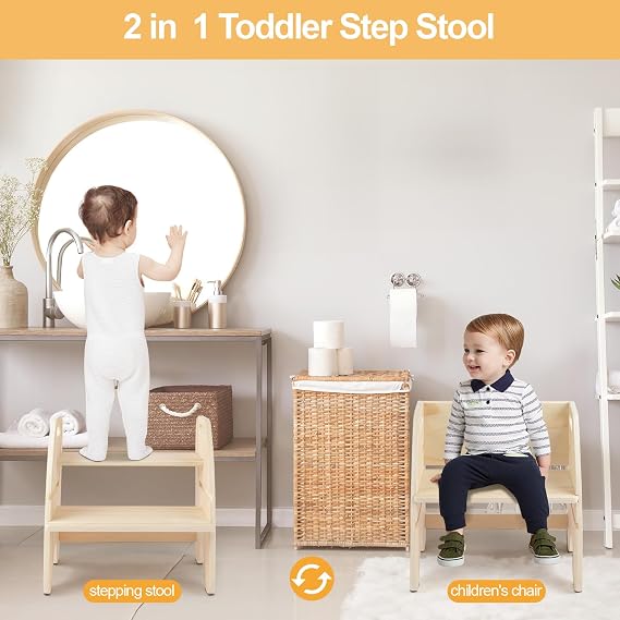 comfoyar Wooden Toddler Step Stool, 2 Step Stool for Kids with Handles and Anti Slip Pad, Convertible Back Chair, Height Adjustable Potty Training Helper Stool for Bathroom Sink, Bedroom