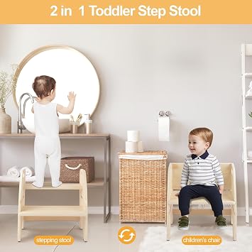 comfoyar Wooden Toddler Step Stool, 2 Step Stool for Kids with Handles and Anti Slip Pad, Convertible Back Chair, Height Adjustable Potty Training Helper Stool for Bathroom Sink, Bedroom