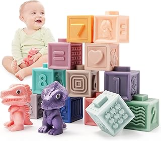 EPCHOO Soft Building Blocks for Babies 14 Pcs Baby Blocks,12 Stacking Building Blocks & 2 Dinosaur, Teething Montessori Toys for toddlers 6 9 to 12 Months 1+ year old