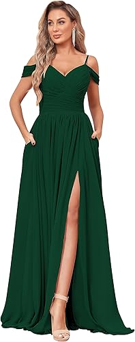 BOLENSYE Off The Shoulder Bridesmaid Dresses with Pockets Ruched Chiffon Long Slit Formal Evening Gown
