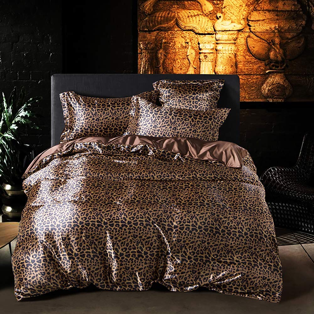 Housse de couette en satin double léopard parure de lit luxe king size drap taies
