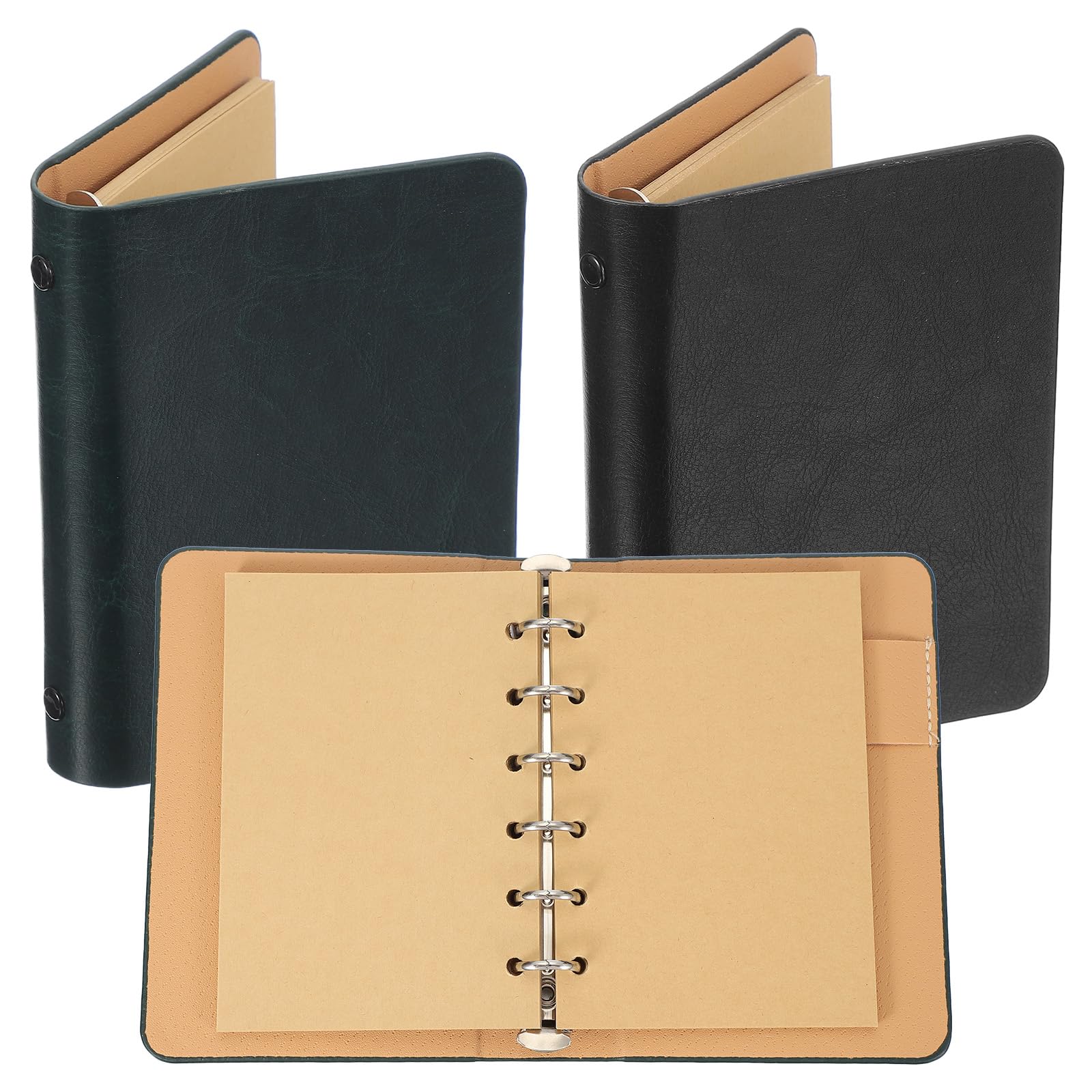 PATIKIL 6 Anelli Copertina Binder, 2 Pezzi A7 Taccuino Mini Ricaricabile in Pelle Kraft con 50 Fogli, Verde Scuro/Nero