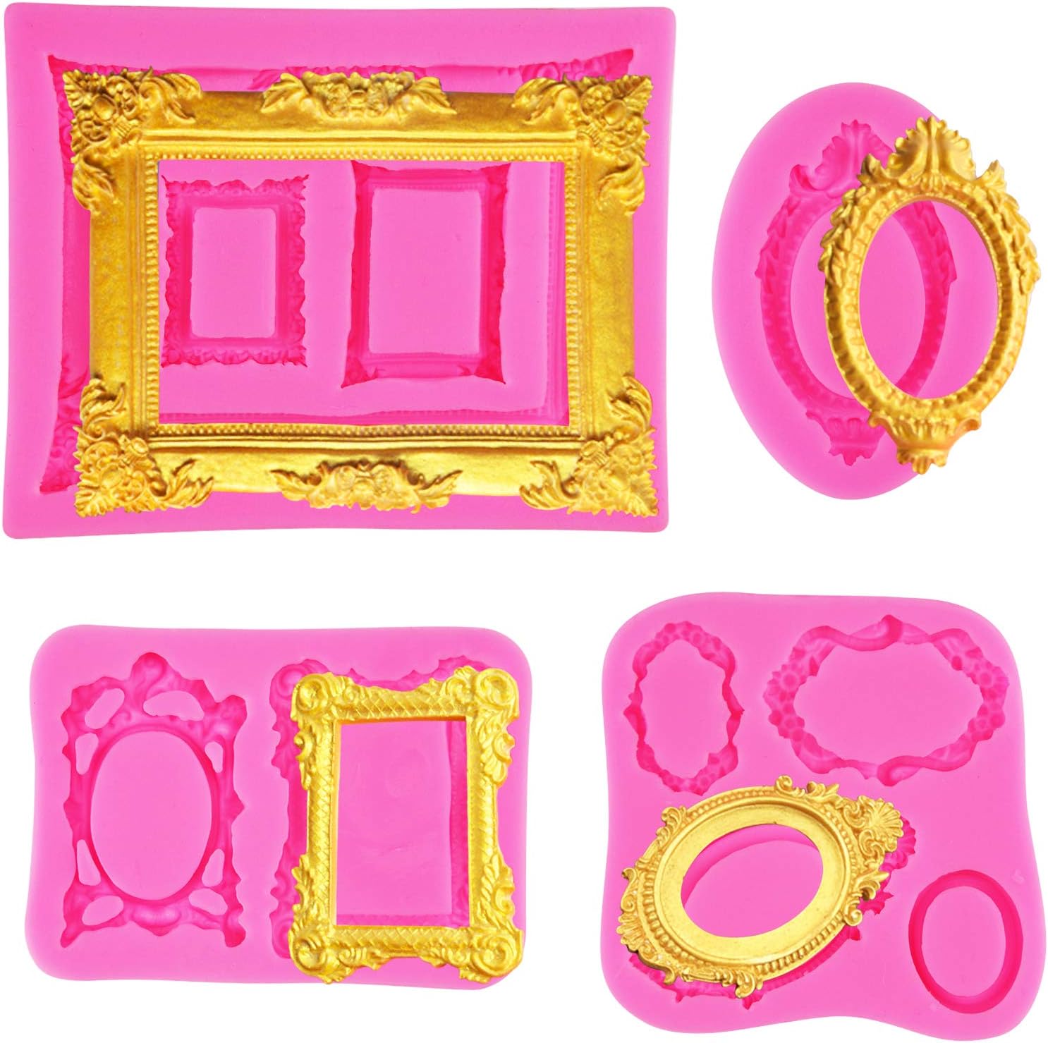Rainmae 4Pcs Pink Picture Frames Silicone Mold for Cake Decorating, Photo Frame Fondant Mold, Vintage Frame Collections Molds Sugar, Gum Paste, Chocolate, Cookies, Polymer Clay, Candy Soap Resin Mould