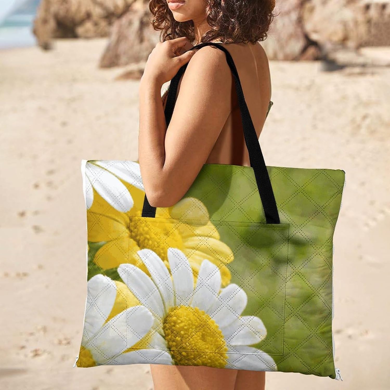 Yellow Floral Picnic Blanket with Zipper Water Resistant Sand Free Picnic Mat Washable Foldable Easy Carry Beach Blanket for Lawn Beach Hiking Camping