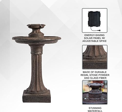 Vista 14 de XBrand Fuente de baño para pájaros de 28 pulgadas, 1 nivel, para exteriores, resina marrón, bomba de apagado automático, función decorativa de agua