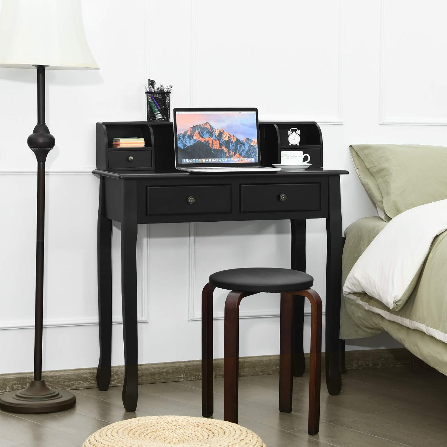 Giantex Writing Desk with 4 Drawers, Removable Floating Organizer 2-Tier Mission Home Computer Vanity Desk for Apartment Small Space (Black)