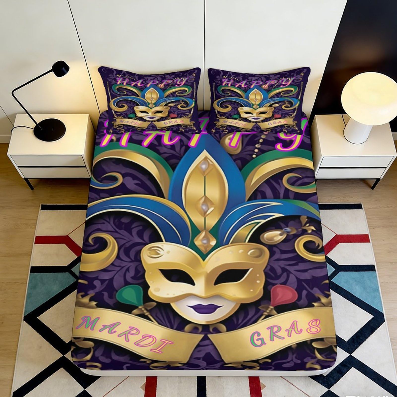3D Printed Carnival Mask Fitted Sheet Microfiber Deep Pocket Non-Slip Bedroom Bedding Carnival Mattress Fitted Cover Washable 200x200x25cm