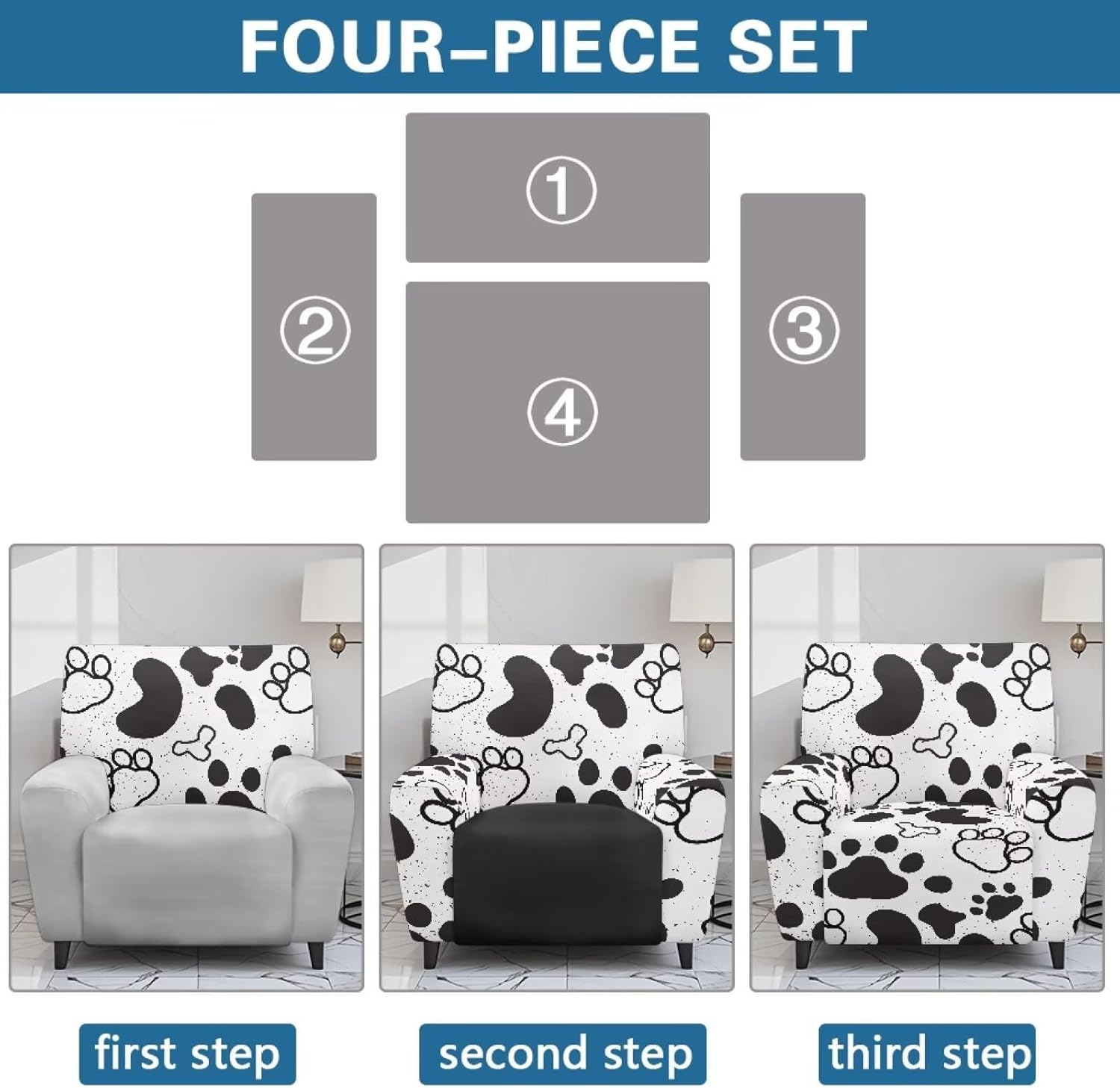FOR U DESIGNS Black White Paw Cow Stretch Recliner Cover Slipcover Universal Fit Protective Covers for Living Room Recliners with Elastic Loops Washable Prevent Stains and Damage