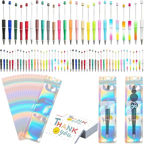 Kit de 150 bolígrafos con cuentas, 50 bolígrafos de plástico con cuentas de colores, 50 bolsas de embalaje resellables con 50 tarjetas de