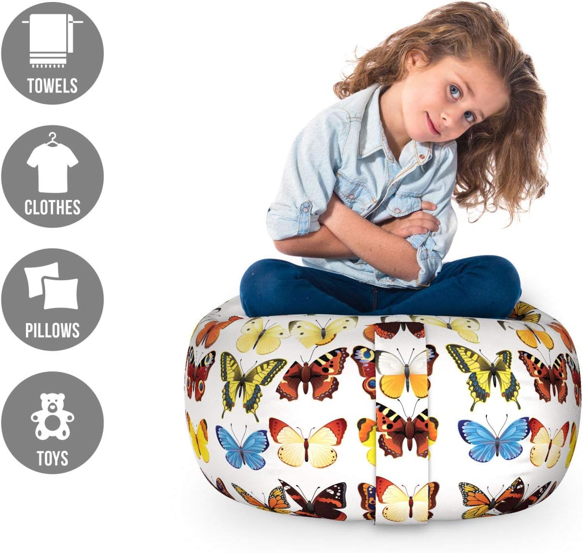Ambesonne Butterfly Storage Toy Bag Chair, Assortment of Detailed Butterflies in Various Shapes Vibrant Colored Creatures, Stuffed Animal Organizer Washable Bag, Small Size, Multicolor