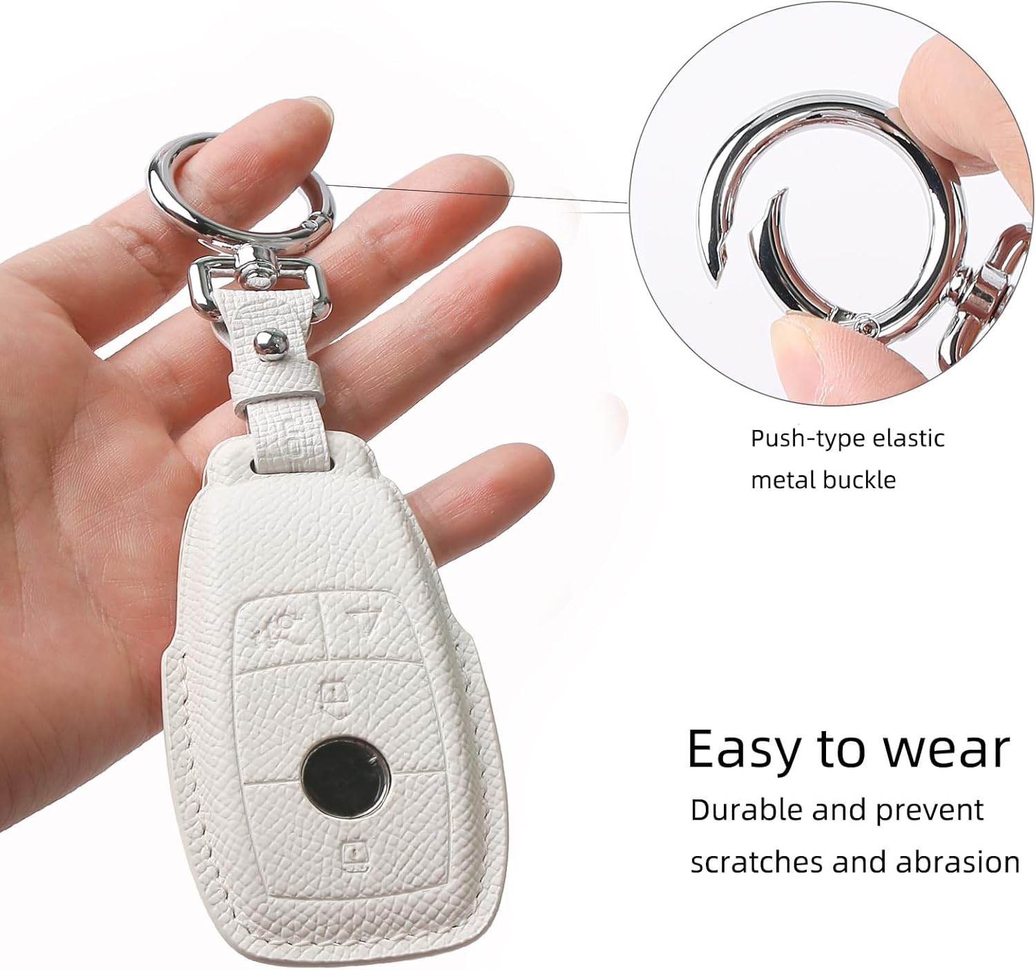Genuine Leather Smart Key Fob Cover, Keychain Shell Compatible for Mercedes-Benz A, C, E, S, CLA, CLS, GLA, GLB, GLC, GLE, GLS, G Class 2017-2022 (4-Button,White)