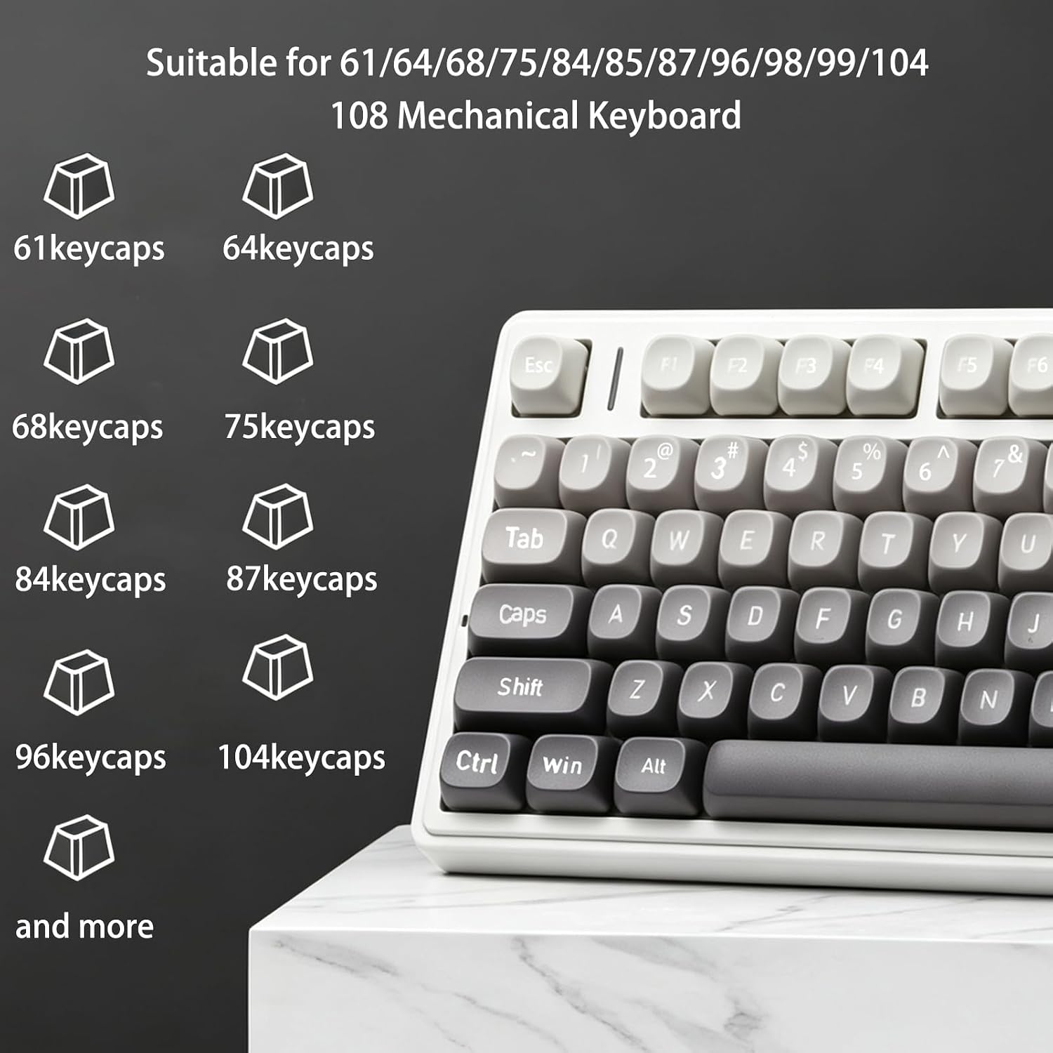 PBT Keycaps-Gradient Gray Moa Profile 134keys Round Key caps Set image 2