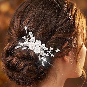 Flower Wedding Hair Comb Silver Bridal Hair Clips Pearl Hair Accessorie for Women Silver