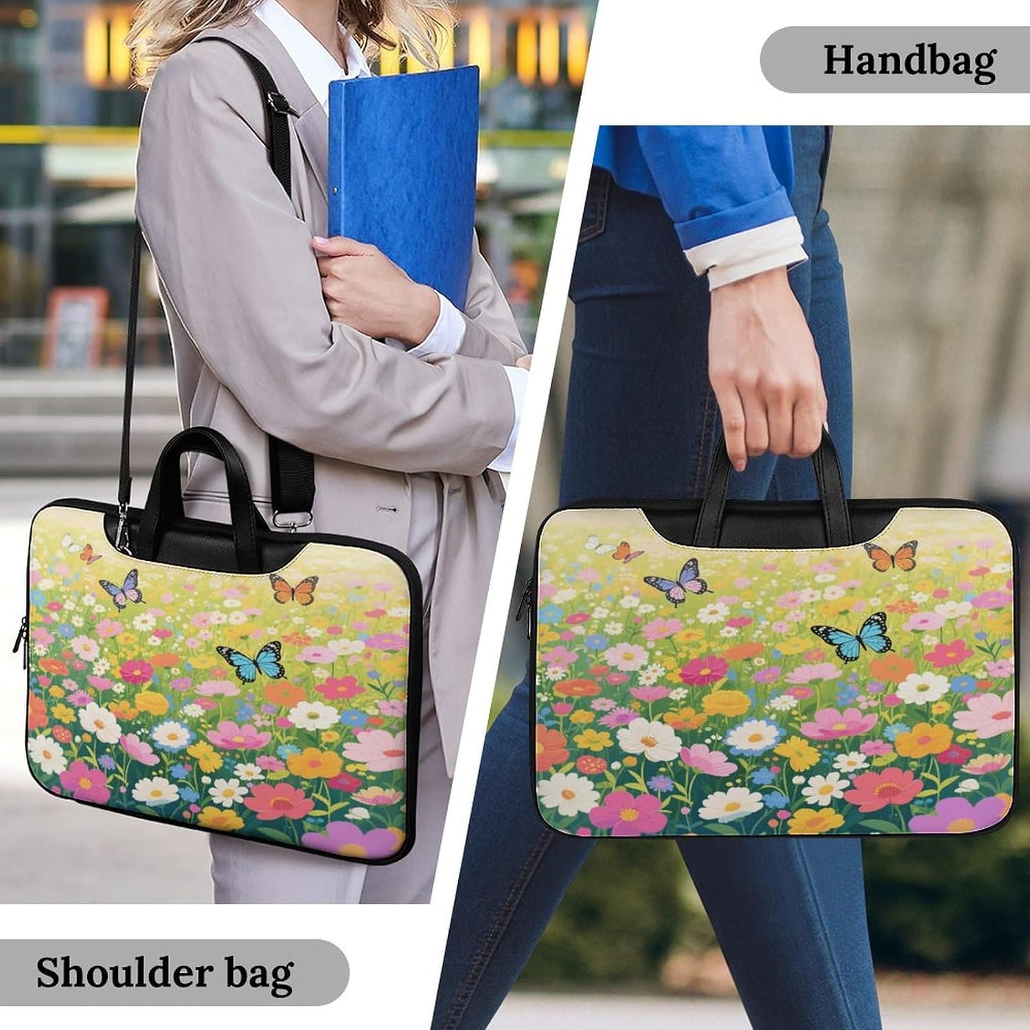 Colorful Flower Sea World 42x30.5cm Black-style Laptop Bag Leather Tablet Computer Briefcase Large Capacity Work Business Tote Bags for Office